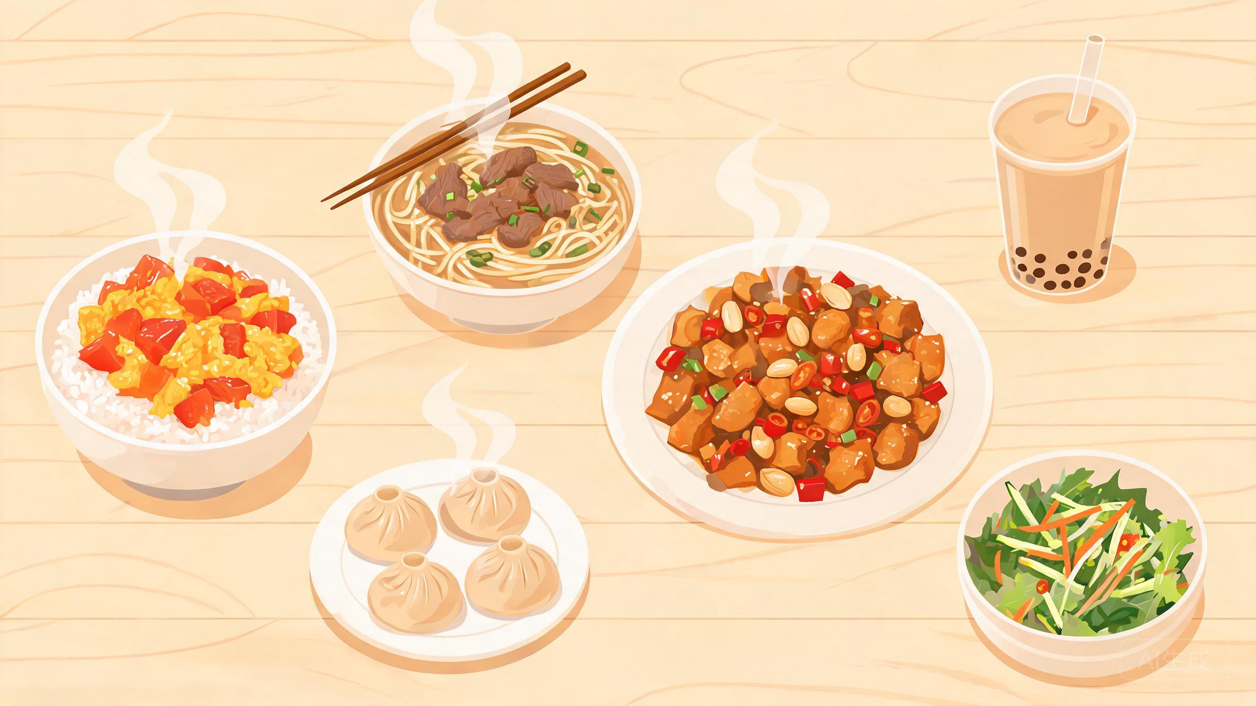 食堂美食插画：盖饭、牛肉面、小炒与轻食沙拉